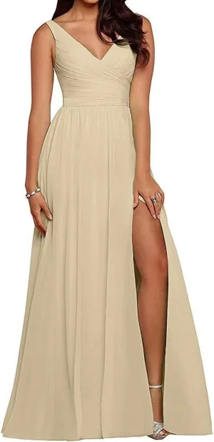 EEFZL Women's V Neck Slit Bridesmaid Dresses Long Chiffon Pleated Evening Prom Graduation Gowns for Juniors
