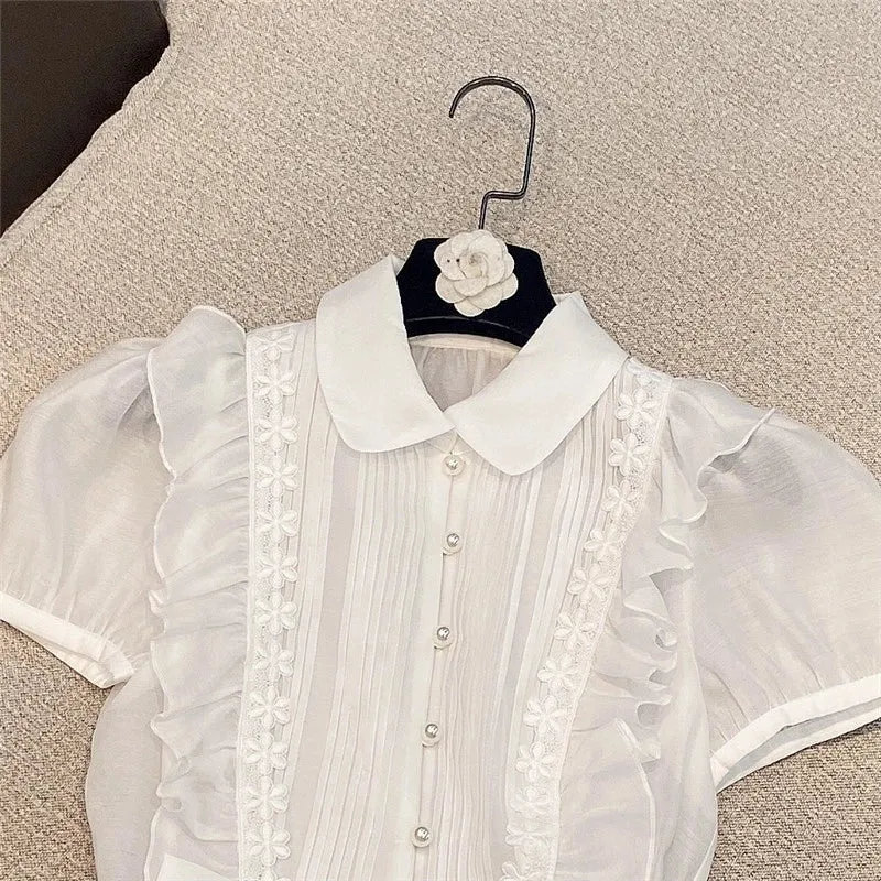 Elegant Bowknot Shirt For Women Lapel Puff Short Sleeve Patchwork Solid Blouses Female Summer Fashion