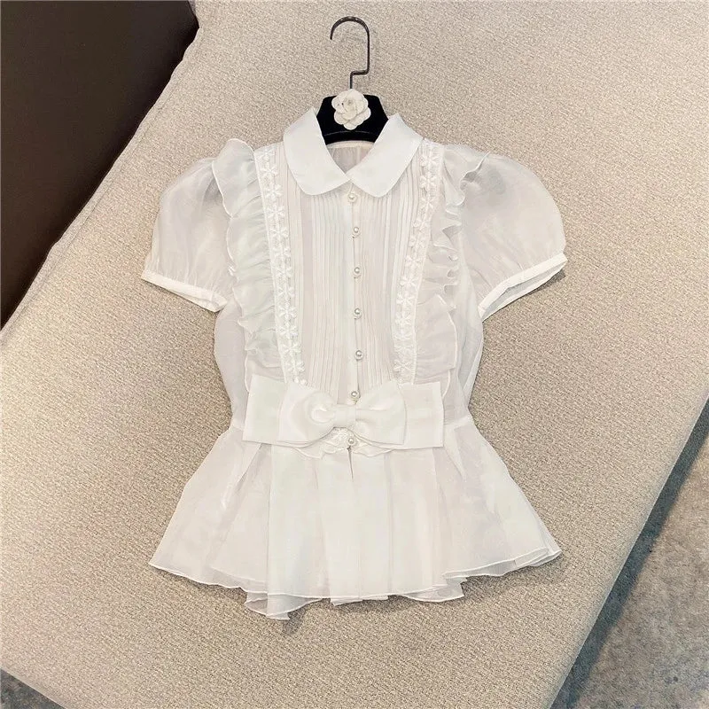 Elegant Bowknot Shirt For Women Lapel Puff Short Sleeve Patchwork Solid Blouses Female Summer Fashion