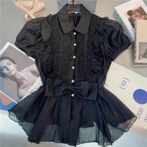 Elegant Bowknot Shirt For Women Lapel Puff Short Sleeve Patchwork Solid Blouses Female Summer Fashion