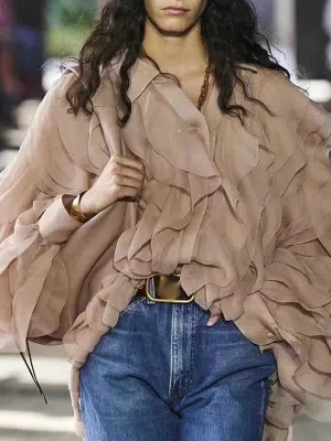 Elegant Patchwork Ruffle Shirt For Women Lapel Long Sleeve Lace Up Bowknot Casual Blouse Female Fashion New 2022