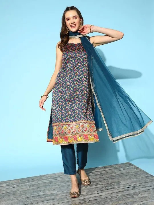Ethnic Motifs Gotta Patti Kurta With Trousers & With Dupatta