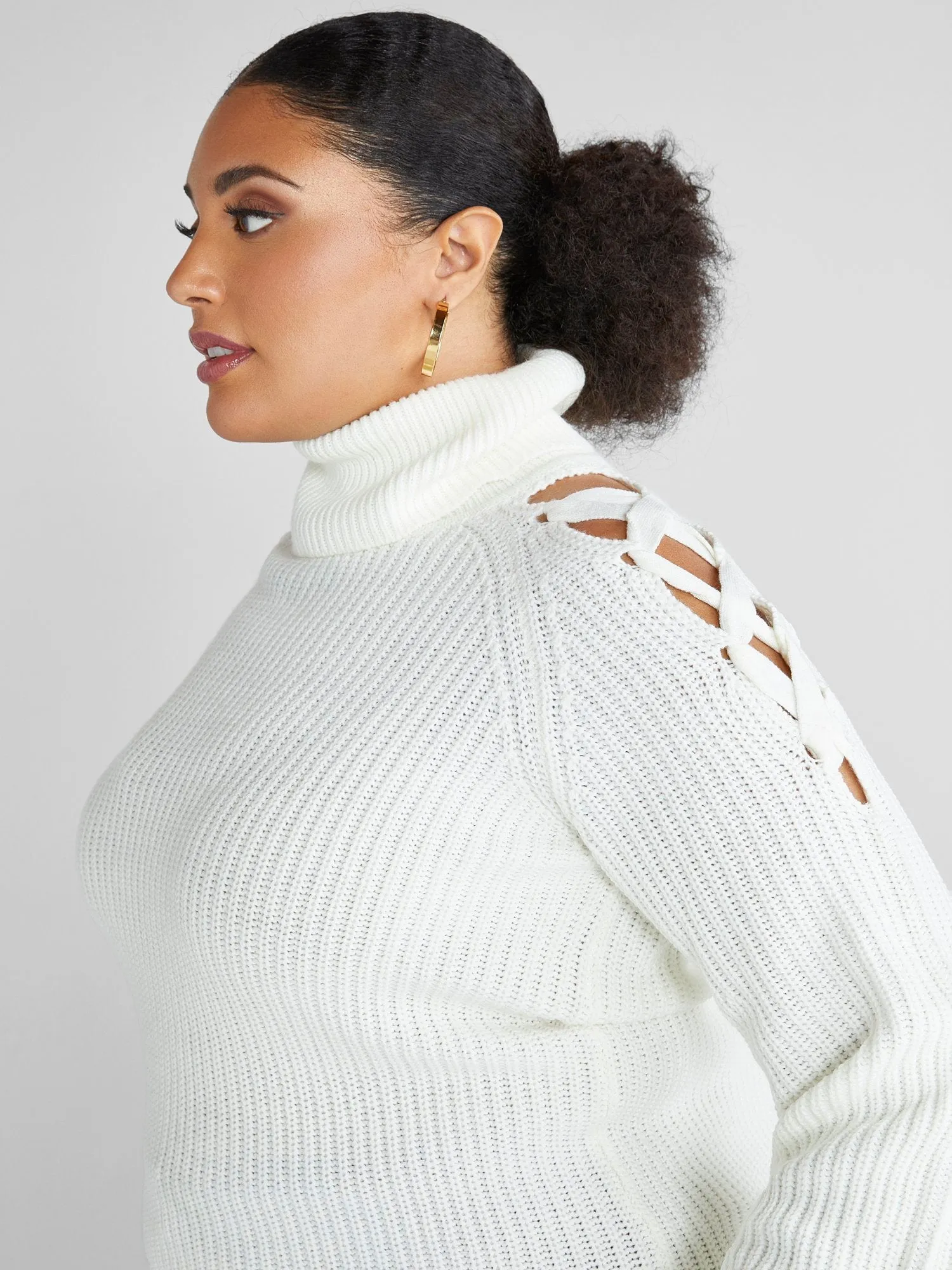 Fashion To Figure - Ava Lace-Up Shoulder Turtleneck Sweater