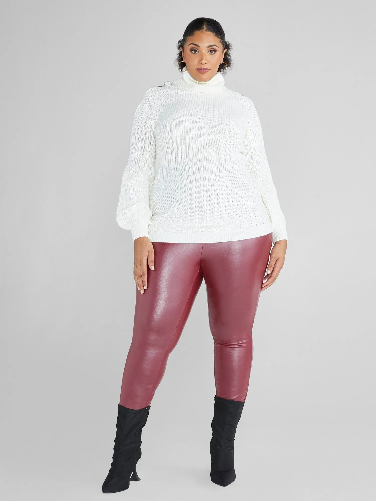 Fashion To Figure - Ava Lace-Up Shoulder Turtleneck Sweater