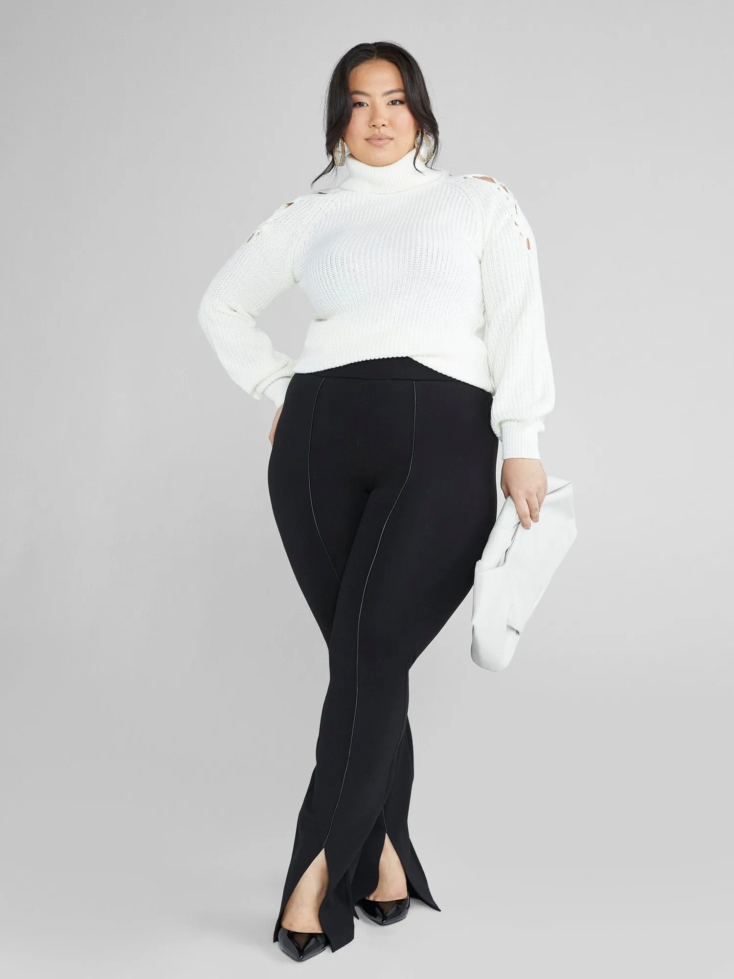 Fashion To Figure - Ava Lace-Up Shoulder Turtleneck Sweater