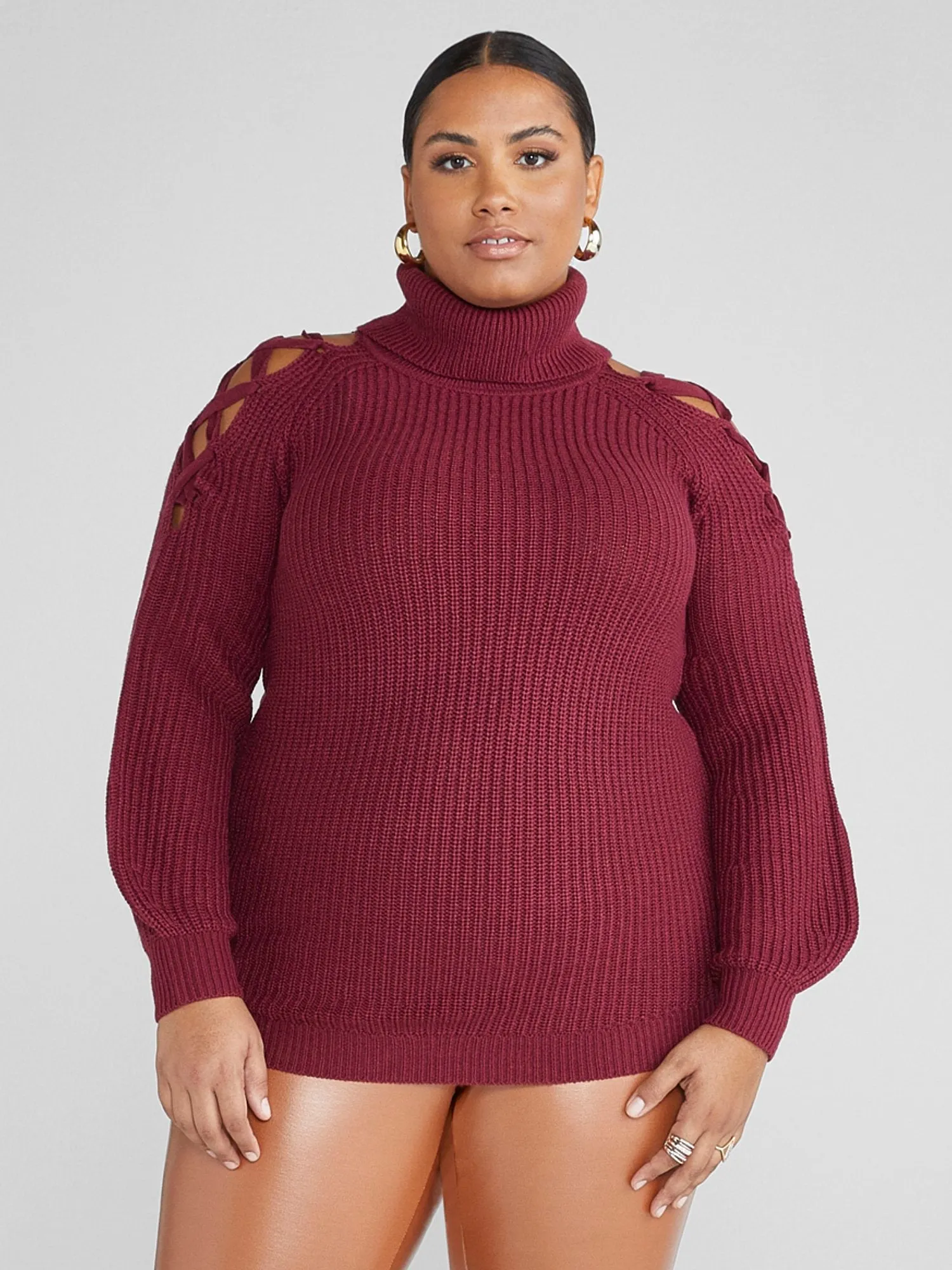Fashion To Figure - Ava Lace-Up Shoulder Turtleneck Sweater