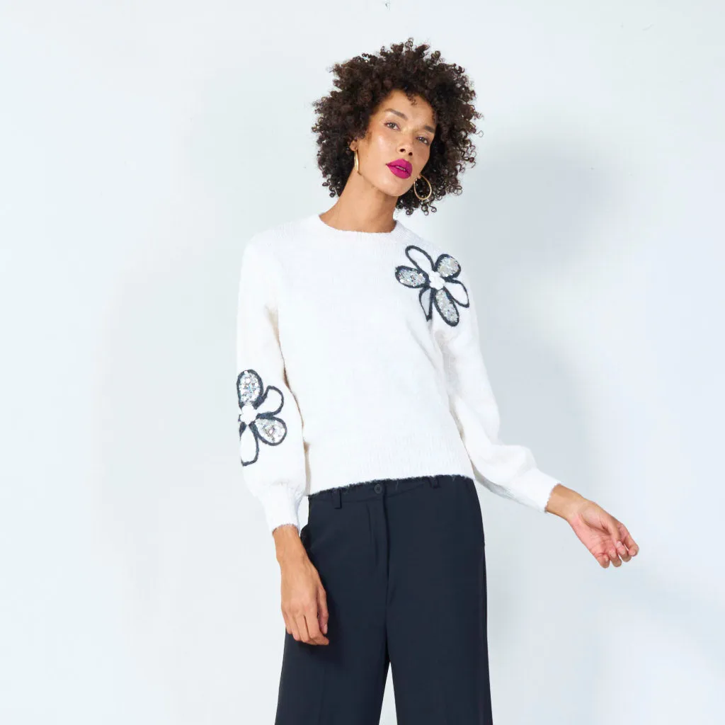 Floral sequin embellished knit sweater wholesale