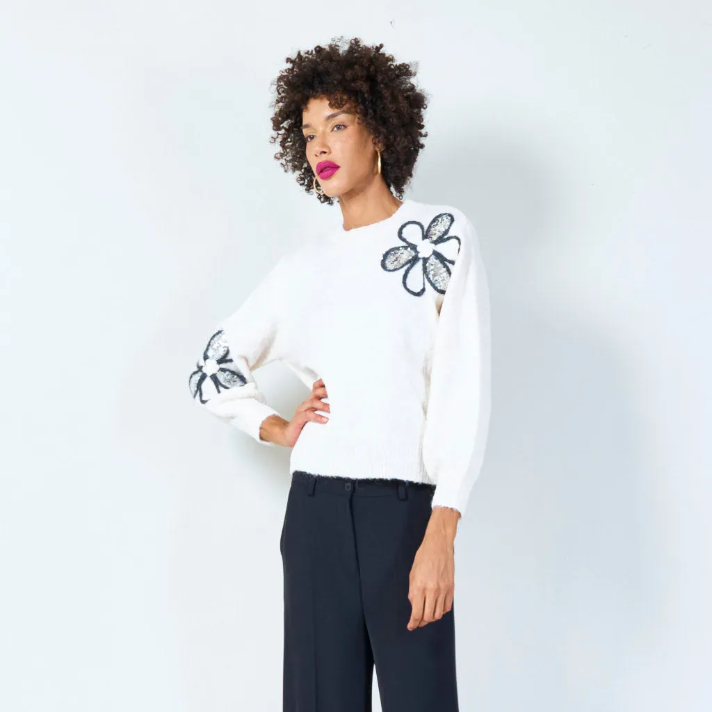 Floral sequin embellished knit sweater wholesale