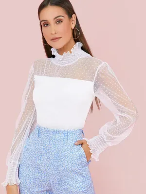Frill Trim Shirred Neckline Sheer Swiss Dot Top