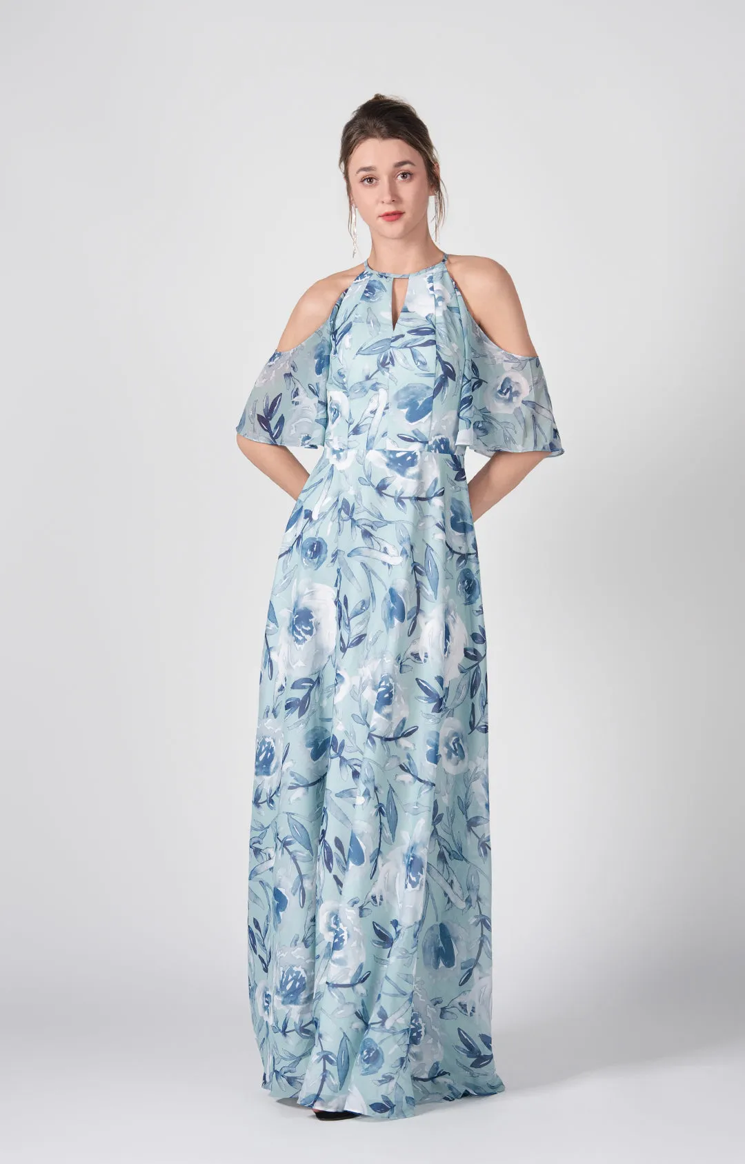Halter Drop Shoulder A-Line Flowy Hemline Chiffon Dresses