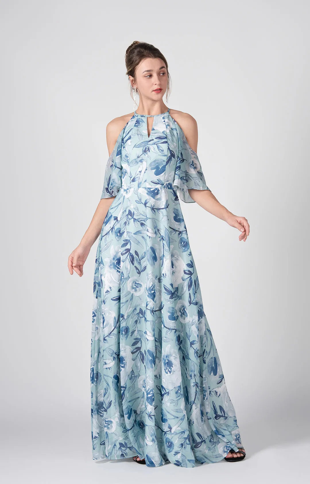 Halter Drop Shoulder A-Line Flowy Hemline Chiffon Dresses