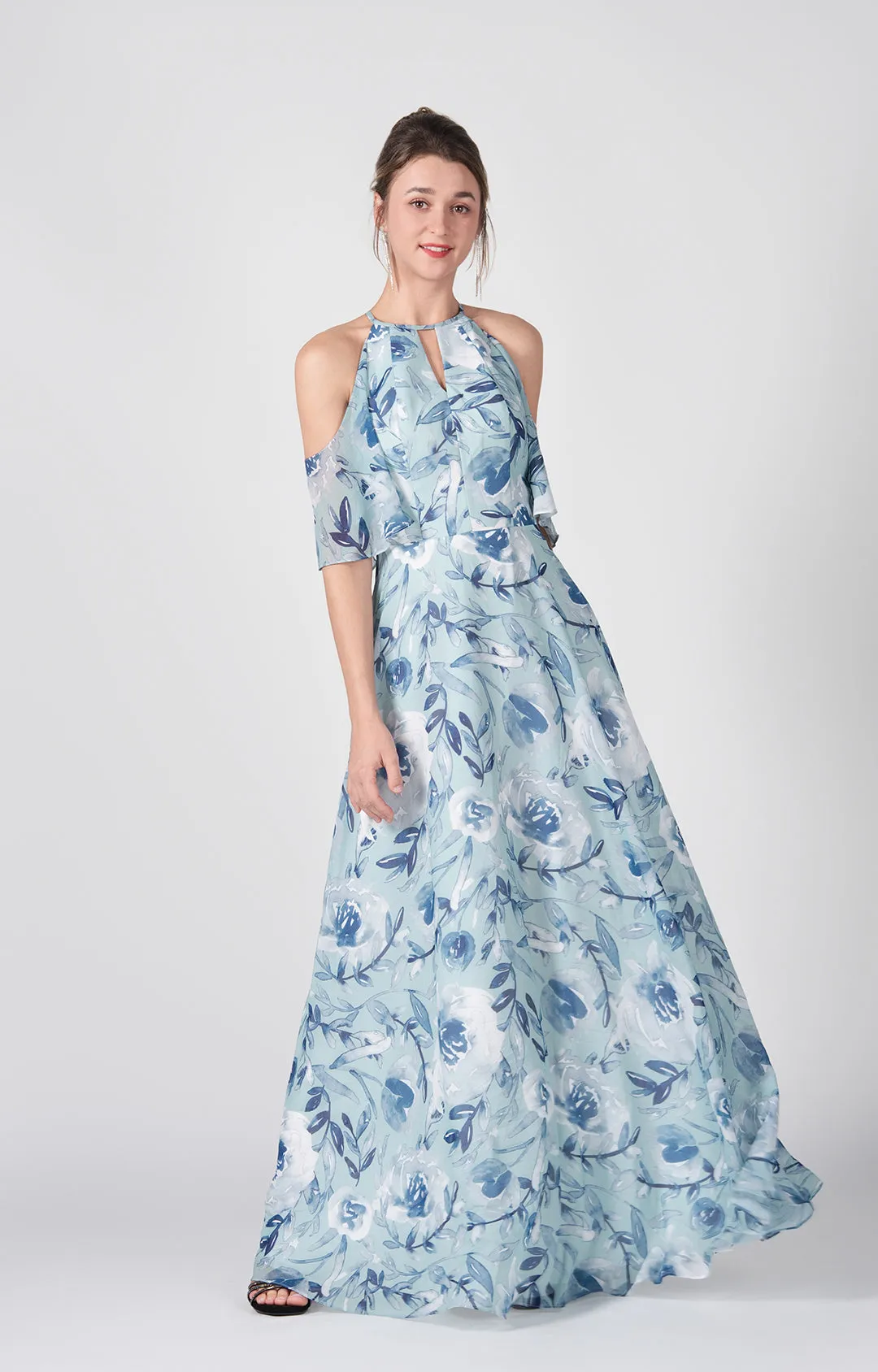 Halter Drop Shoulder A-Line Flowy Hemline Chiffon Dresses