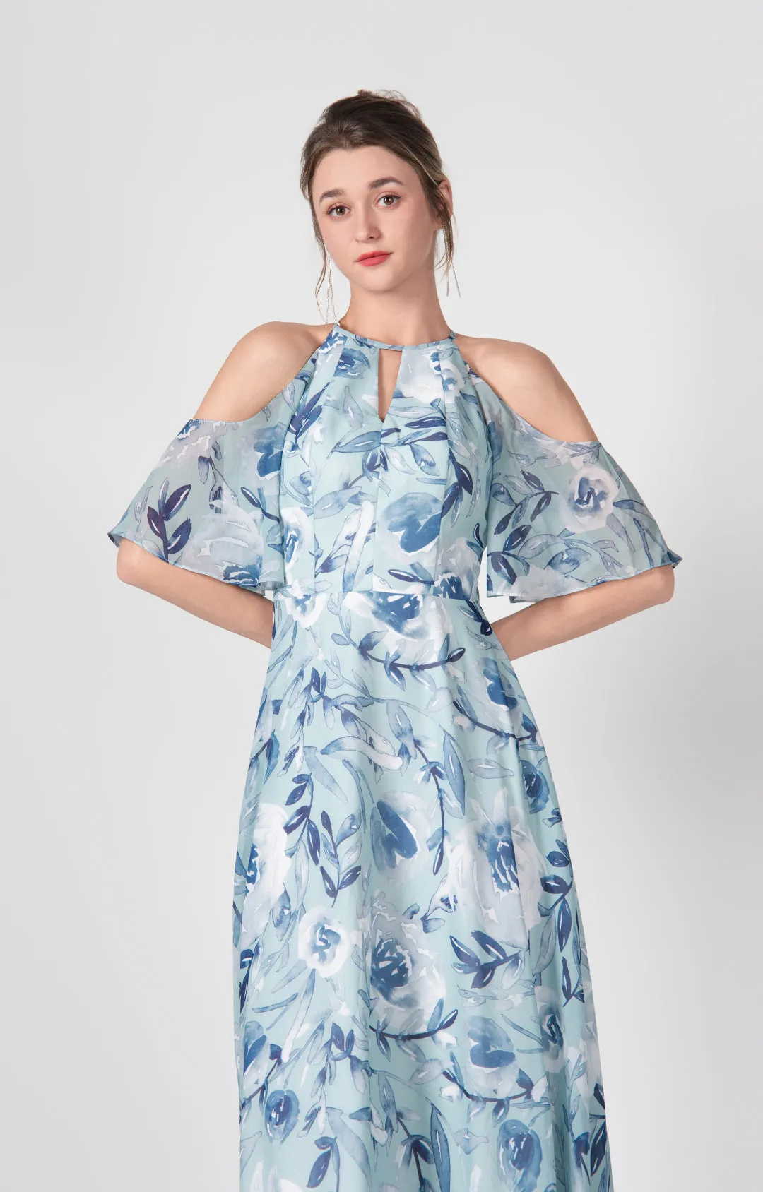 Halter Drop Shoulder A-Line Flowy Hemline Chiffon Dresses