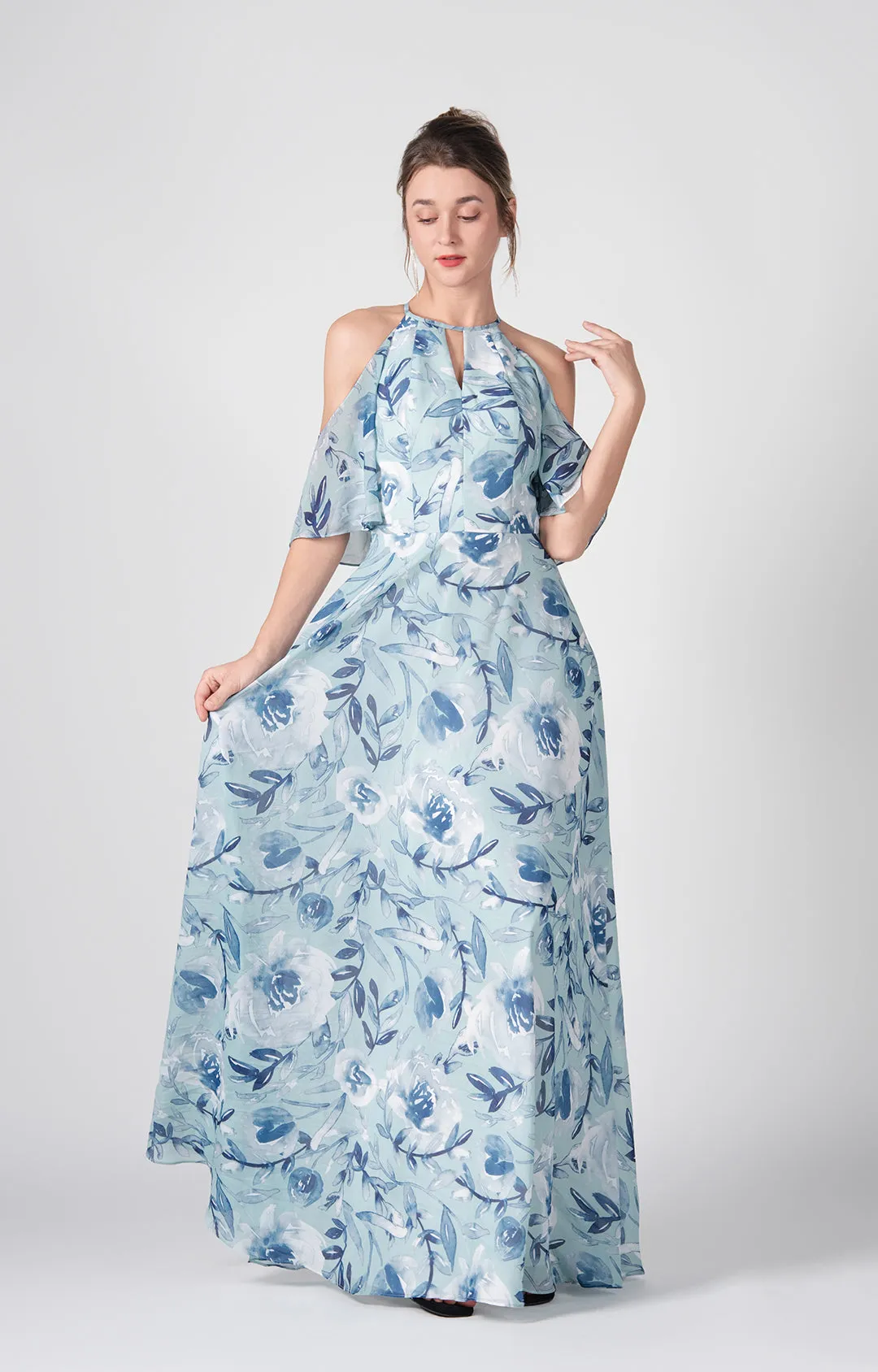 Halter Drop Shoulder A-Line Flowy Hemline Chiffon Dresses