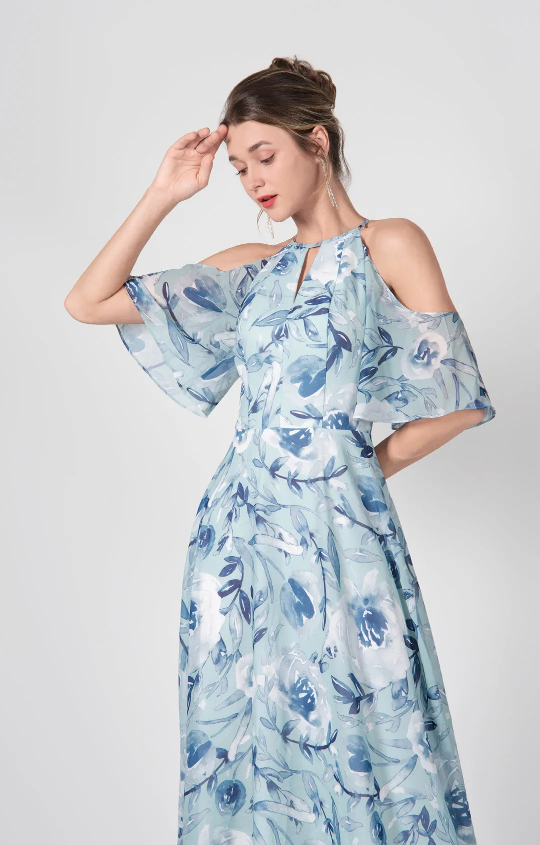 Halter Drop Shoulder A-Line Flowy Hemline Chiffon Dresses