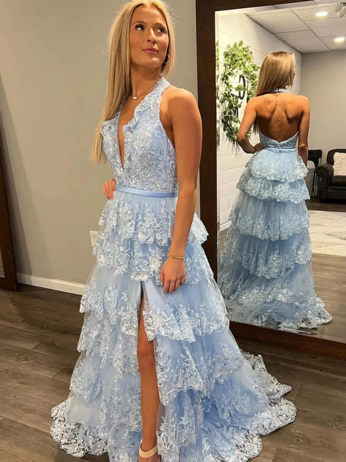 Halter Neck Light Blue Lace Prom Dresses, Light Blue Lace Layered Long Formal Dresses