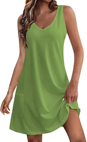 hlysgo Going Out Dresses for Women 2025 Summer Sleeveless V Neck Mini Dress Casual Beachwear Coverup Sundress with Pockets