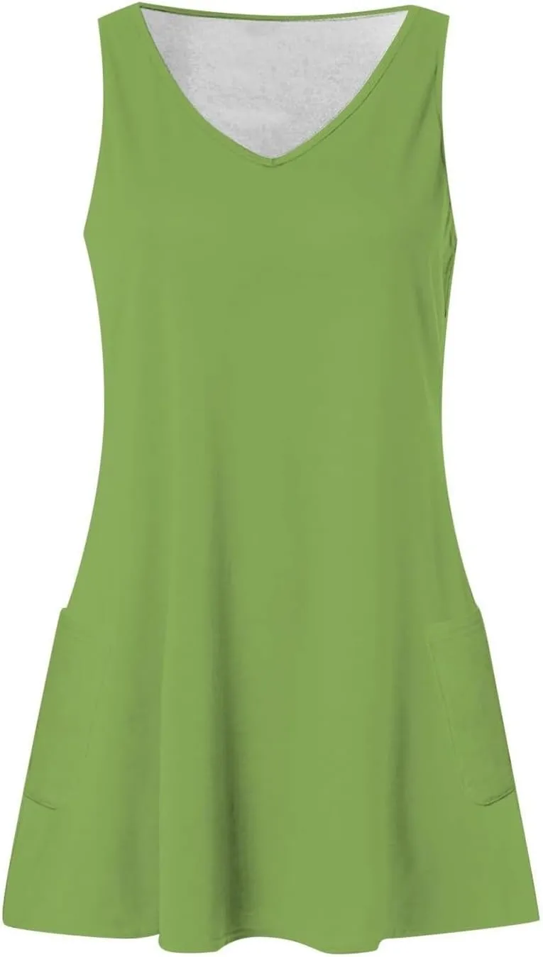 hlysgo Going Out Dresses for Women 2025 Summer Sleeveless V Neck Mini Dress Casual Beachwear Coverup Sundress with Pockets