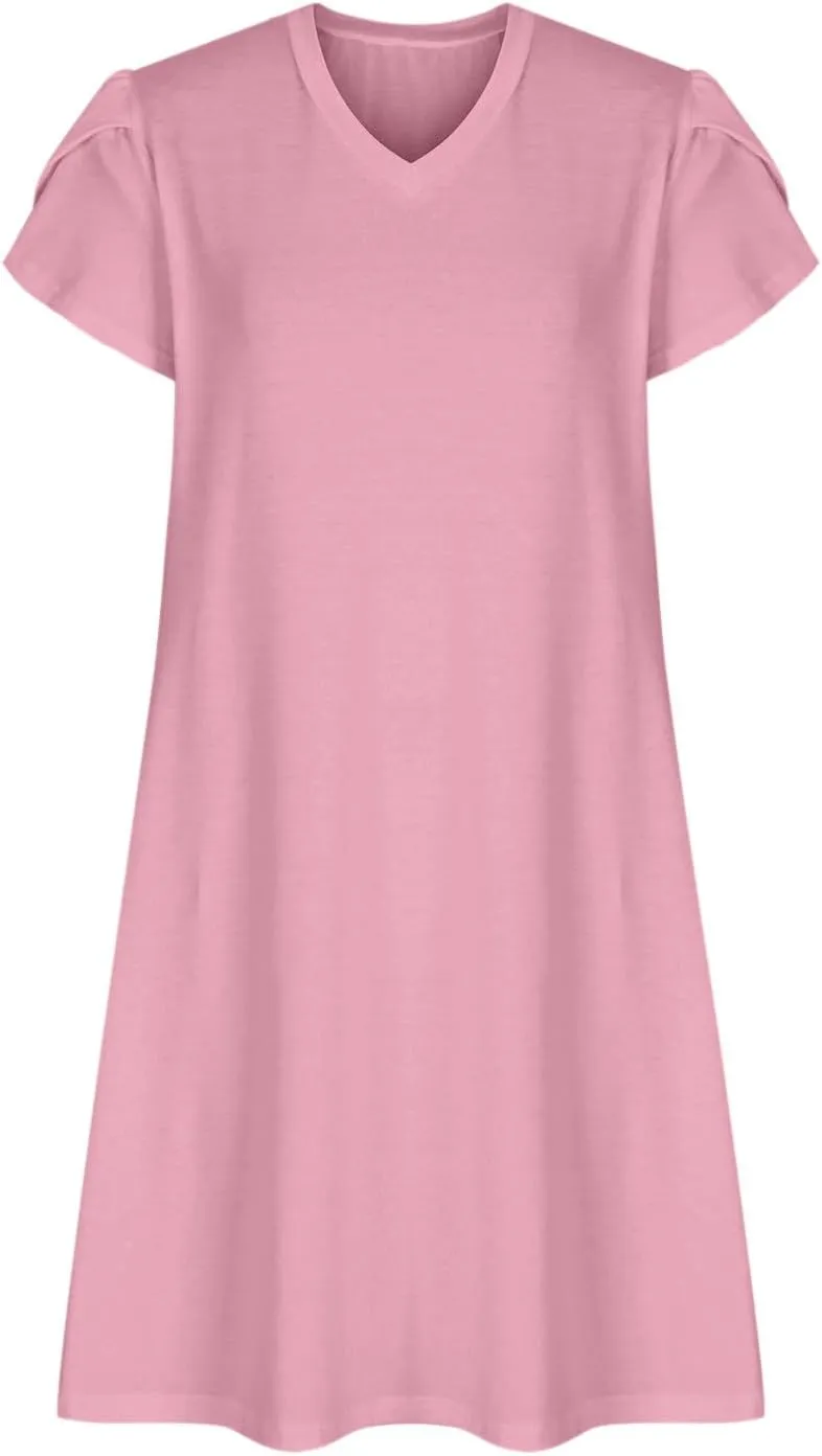 hlysgo Petite Dresses for Women 2025 Summer Petal Sleeve Crew Neck Beach Dress Casual A-Line Flowy Mini Dress with Pockets
