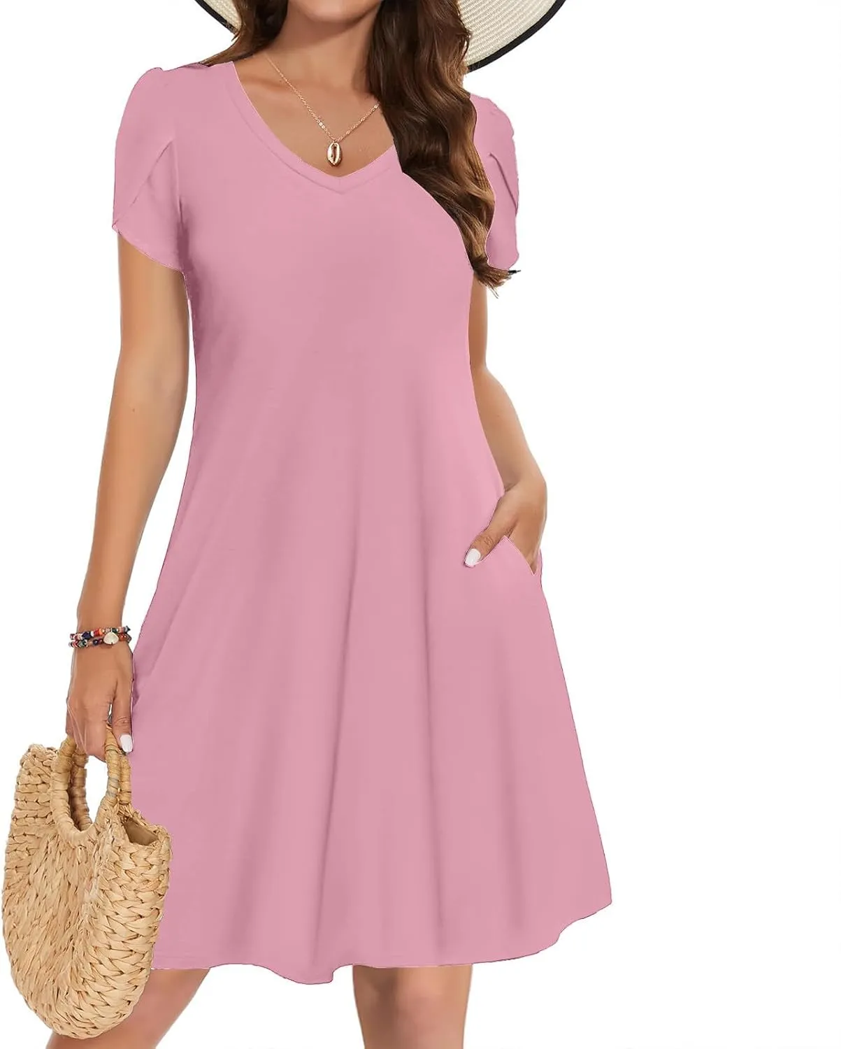 hlysgo Petite Dresses for Women 2025 Summer Petal Sleeve Crew Neck Beach Dress Casual A-Line Flowy Mini Dress with Pockets