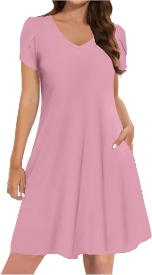 hlysgo Petite Dresses for Women 2025 Summer Petal Sleeve Crew Neck Beach Dress Casual A-Line Flowy Mini Dress with Pockets