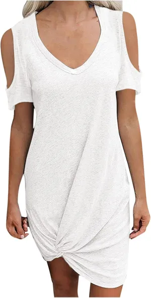 hlysgo Vacation Dress for Women Summer Cold Shoulder Short Sleeve V Neck Mini Dresses Casual Loose Twist Hem Going Out Dress
