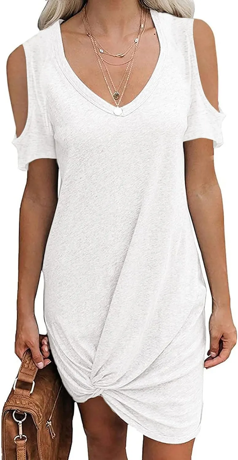 hlysgo Vacation Dress for Women Summer Cold Shoulder Short Sleeve V Neck Mini Dresses Casual Loose Twist Hem Going Out Dress