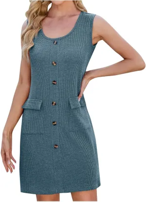 hlysgo Waffled Dress for Women 2025 Summer Sleeveless Scoop Neck Mini Dresses Casual Slim Fit Short Sundress with Pockets