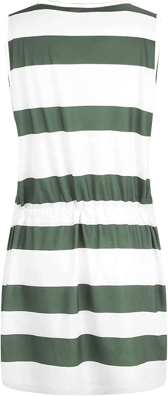 hlysgo Women Summer Petite Dresses 2025 Trendy Stripes Print Drawstring Waist Sleeveless Mini Dress Casual V Neck Sundress