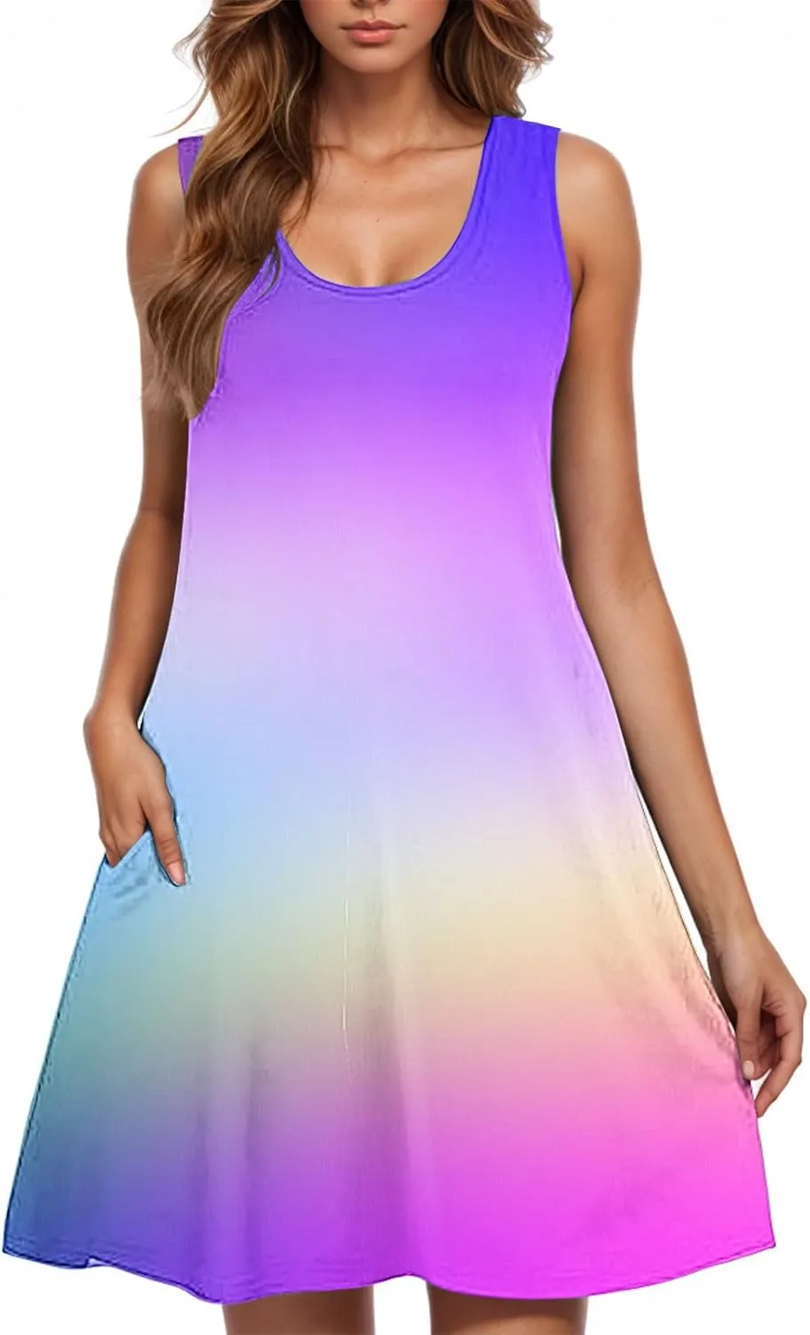 hlysgo Women Summer Petite Dresses 2025 Trendy Tie-Dye Print Sleeveless Mini Dress Casual Beach Coverup Sundress with Pocket