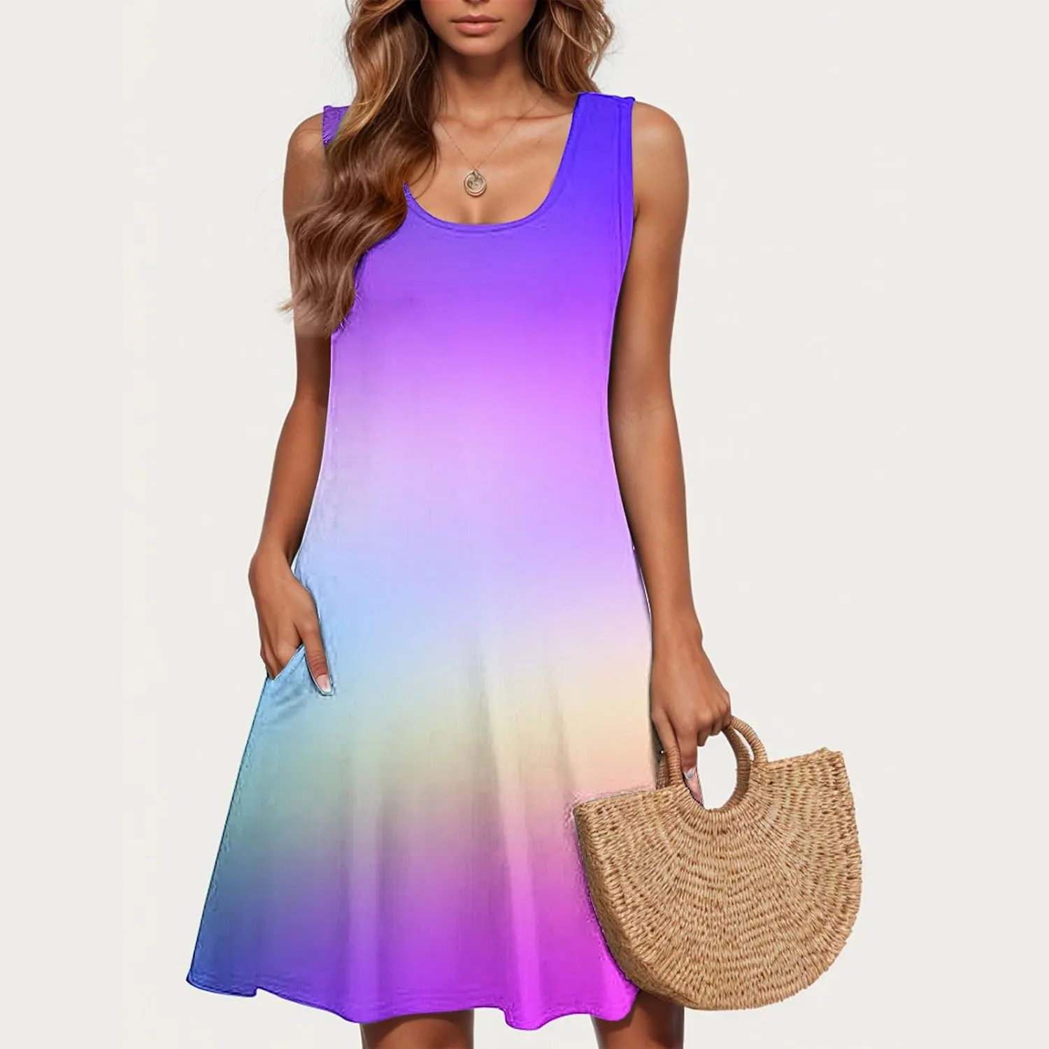 hlysgo Women Summer Petite Dresses 2025 Trendy Tie-Dye Print Sleeveless Mini Dress Casual Beach Coverup Sundress with Pocket