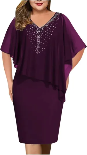 hlysgo Womens Party Dresses 2025 Casual Short Sleeve V Neck Bodycon Dress Elegant Ladies Plus Size Chiffon Mini Prom Dress
