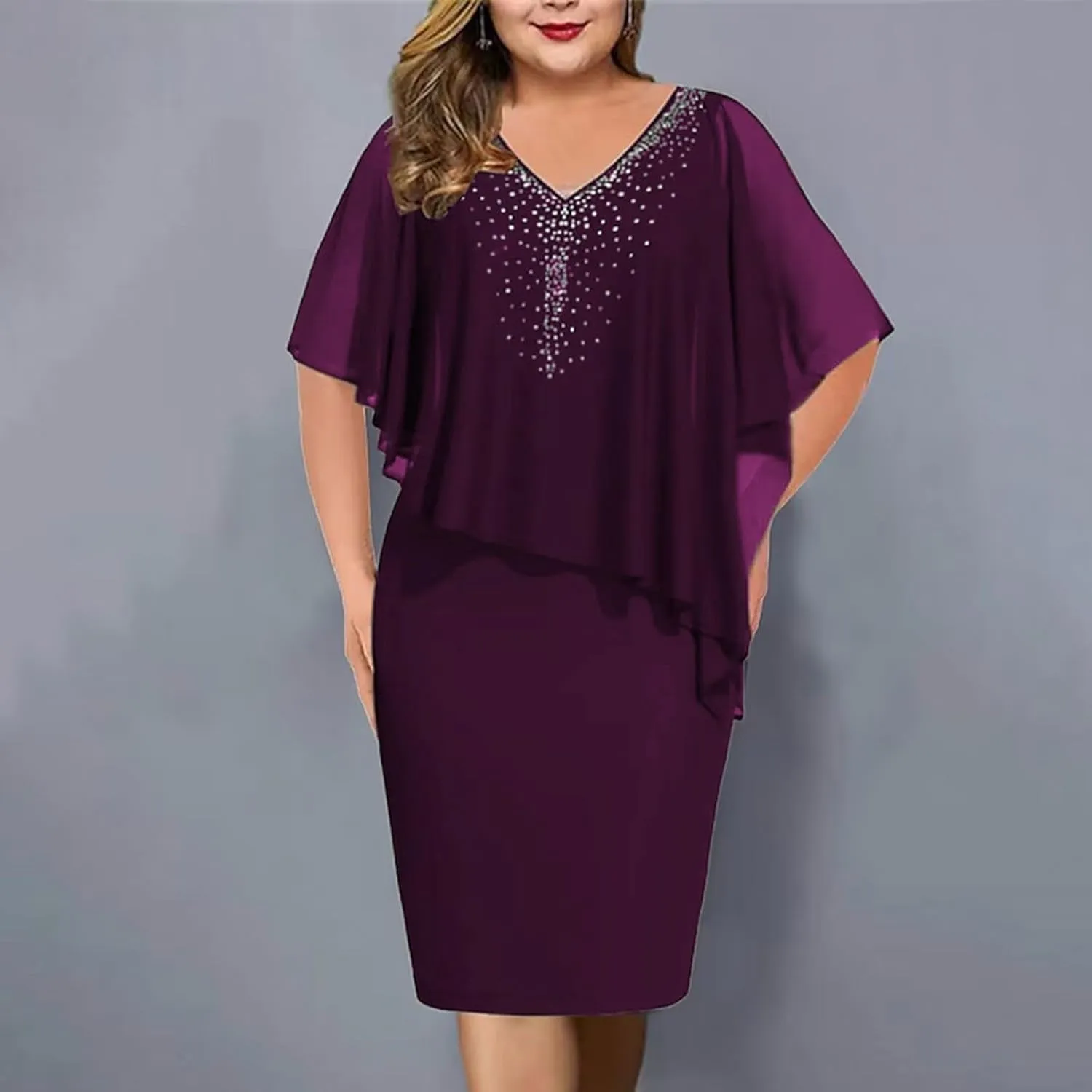 hlysgo Womens Party Dresses 2025 Casual Short Sleeve V Neck Bodycon Dress Elegant Ladies Plus Size Chiffon Mini Prom Dress