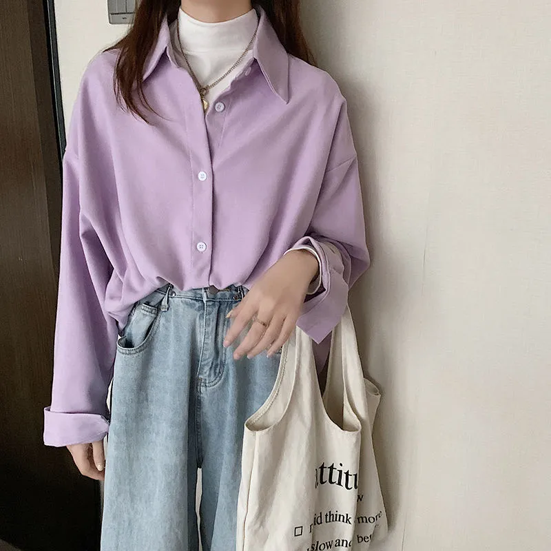 Joskaa Christmas Gift Shirts Women Solid Elegant All-match Autumn Colorful Chic Korean Style Retro Simple OL New Fashion Loose Shirt Leisure Ulzzang