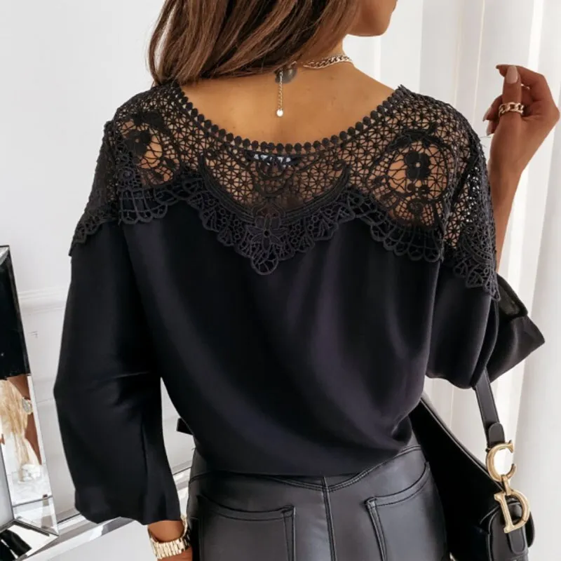 Joskaa Fashion O-Neck Crochet Lace Blouse Shirt Women Sexy Hollow Out Blouse Pullover 2024 Spring Bandage Batwing Sleeve Tops Blusa 2XL