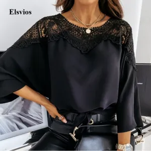 Joskaa Fashion O-Neck Crochet Lace Blouse Shirt Women Sexy Hollow Out Blouse Pullover 2024 Spring Bandage Batwing Sleeve Tops Blusa 2XL
