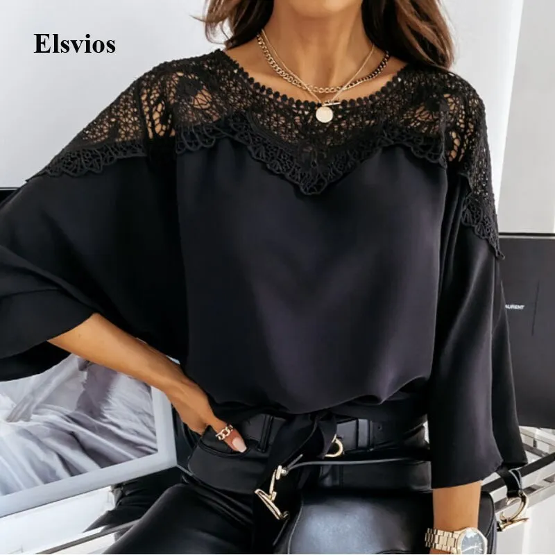 Joskaa Fashion O-Neck Crochet Lace Blouse Shirt Women Sexy Hollow Out Blouse Pullover 2024 Spring Bandage Batwing Sleeve Tops Blusa 2XL
