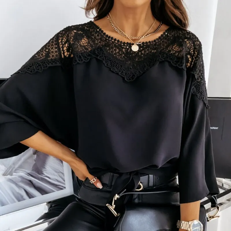 Joskaa Fashion O-Neck Crochet Lace Blouse Shirt Women Sexy Hollow Out Blouse Pullover 2024 Spring Bandage Batwing Sleeve Tops Blusa 2XL