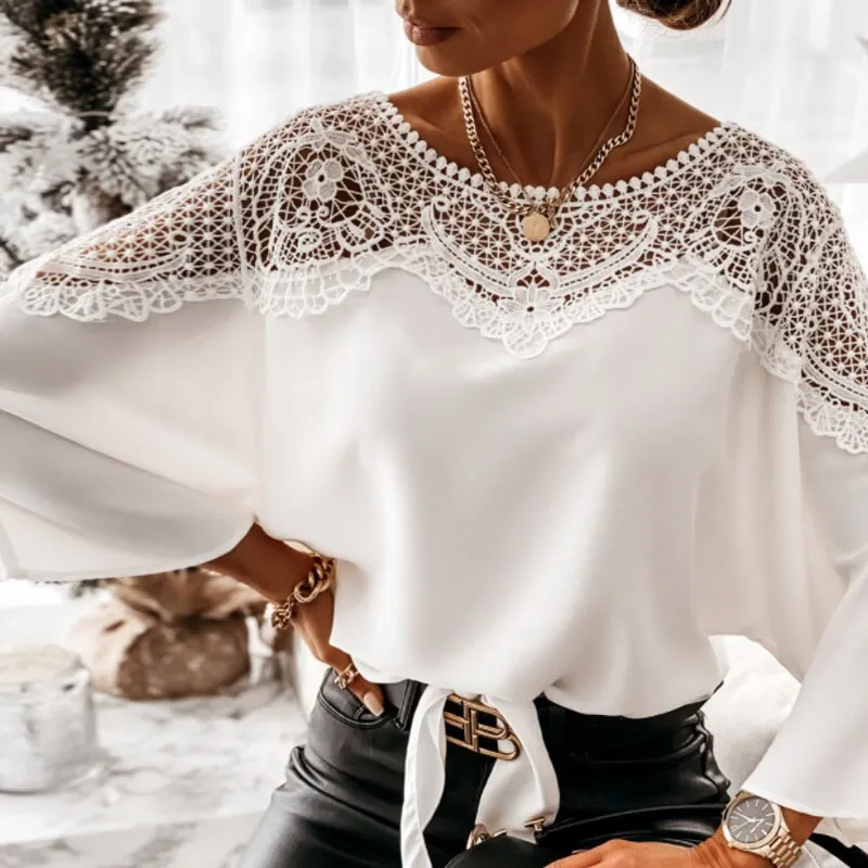 Joskaa Fashion O-Neck Crochet Lace Blouse Shirt Women Sexy Hollow Out Blouse Pullover 2024 Spring Bandage Batwing Sleeve Tops Blusa 2XL