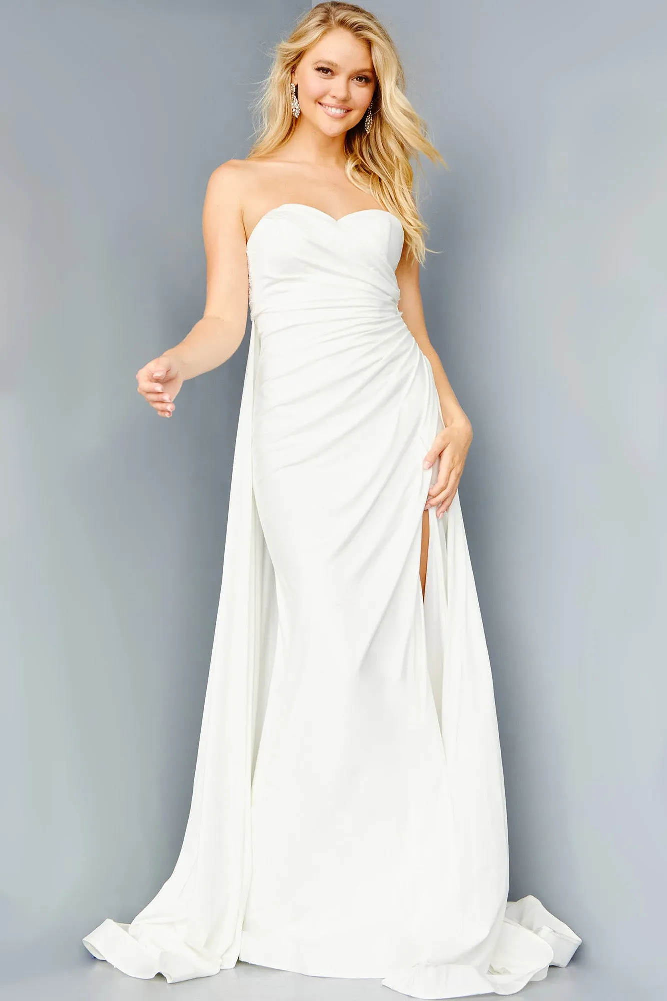 Jovani JVN07648A Long Flowy Prom Dress size 8 Ivory Pageant Gown strapless high slit ruching JVN 07648
