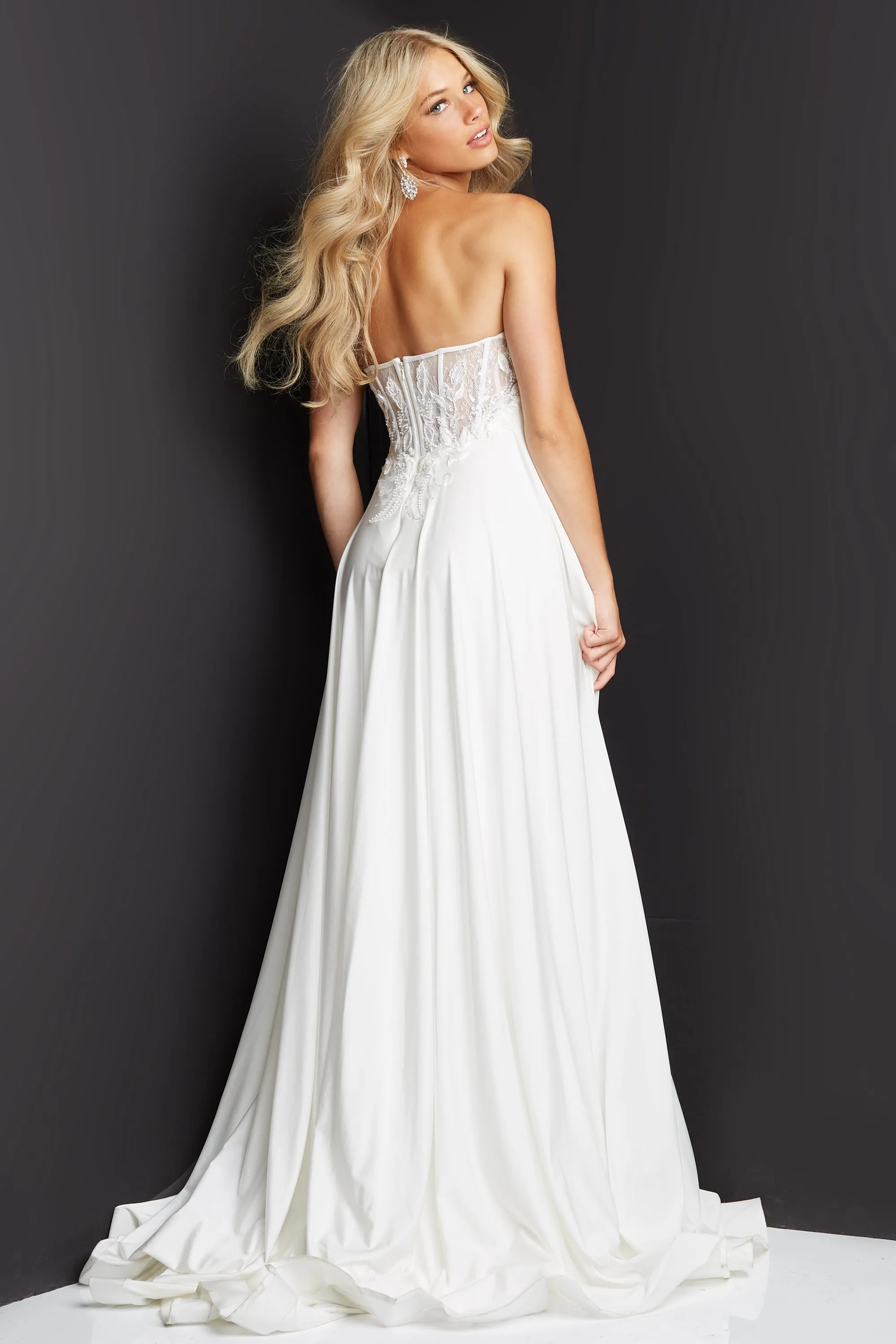 Jovani JVN07648A Long Flowy Prom Dress size 8 Ivory Pageant Gown strapless high slit ruching JVN 07648