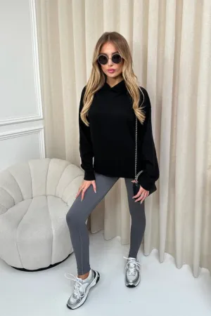 Kendall black hoodie and steel grey ribbed legging set
