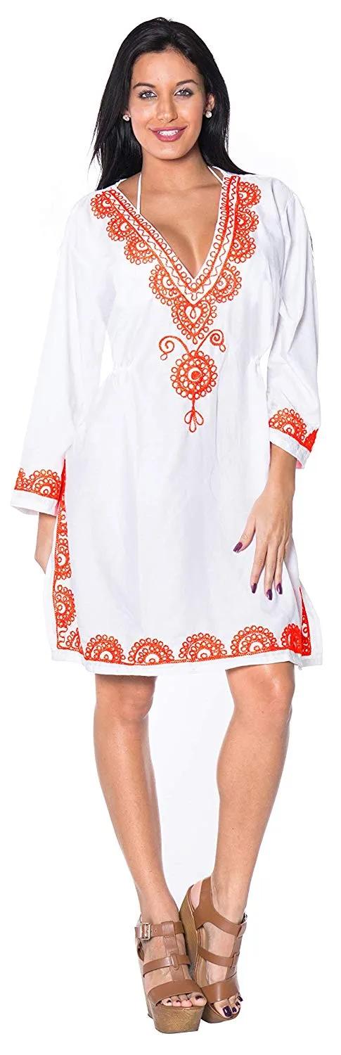 LA LEELA Coverup Beach Bikini wear Swimsuit Kimono Dress Women Embroidered