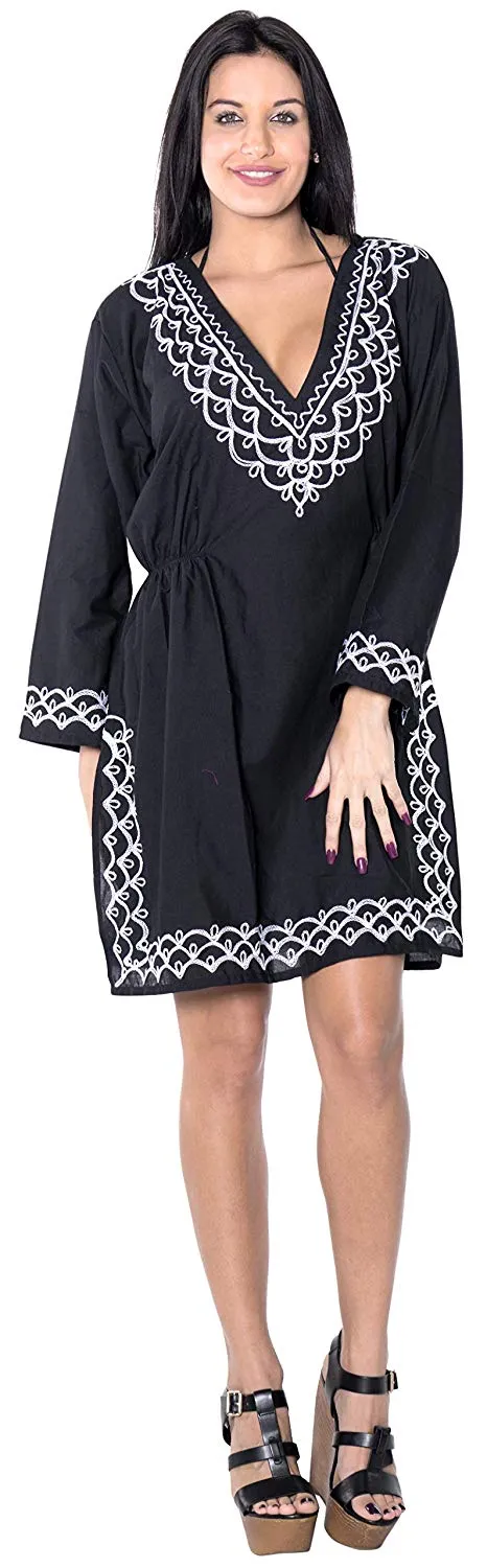 LA LEELA Coverup Beach Bikini wear Swimsuit Kimono Dress Women Embroidered