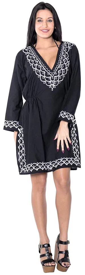 LA LEELA Coverup Beach Bikini wear Swimsuit Kimono Dress Women Embroidered