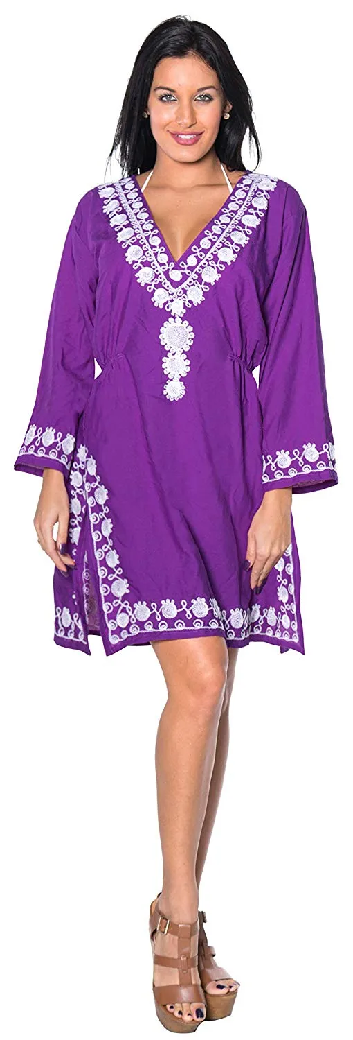 LA LEELA Coverup Beach Bikini wear Swimsuit Kimono Dress Women Embroidered