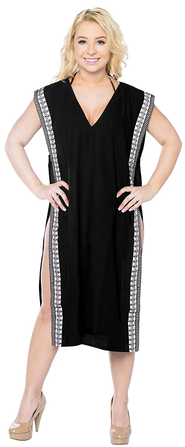 LA LEELA Rayon Solid Hawaiian Beach Cover Up OSFM 8-14 [M-L] Black_6321