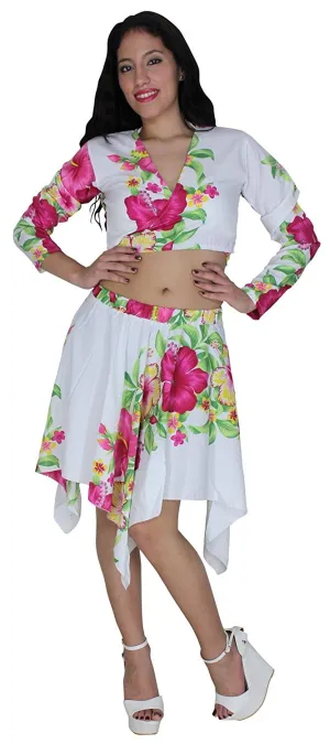 LA LEELA White Likre Floral Long Sleeve Skirt Swimwear Bikini Beach Cover ups