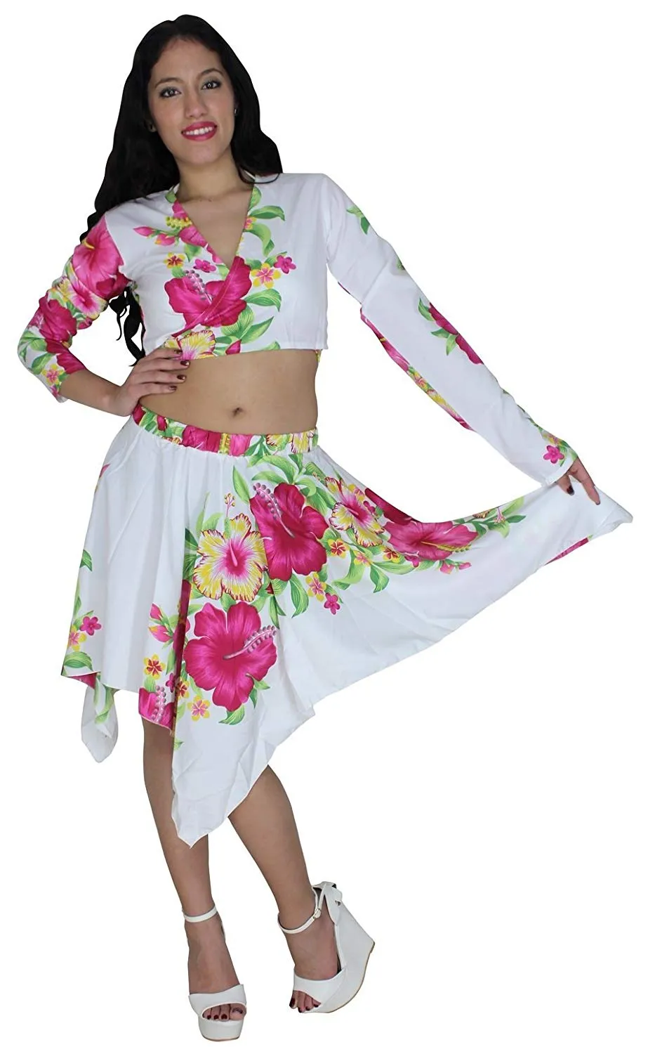 LA LEELA White Likre Floral Long Sleeve Skirt Swimwear Bikini Beach Cover ups