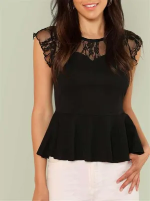 Lace Mesh Yoke Lettuce Trim Peplum Top